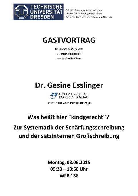 Auf dem Bild ist das Plakat für den Gastvortrag von Gesine Esslinger sichtbar.