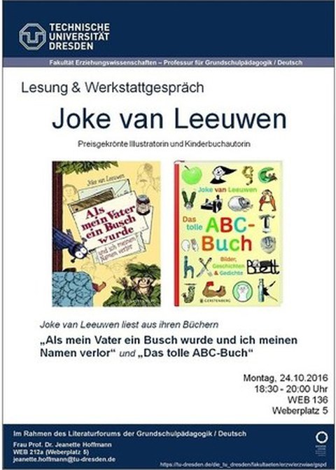 Auf dem Bild ist das Plakat für den Gastvortrag von Joke van Leuuwen sichtbar.