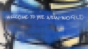 Verpixeltes Grafitti mit Schriftzug welcome to the new world