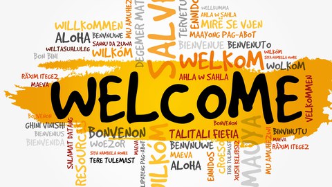 Die Darstellung zeigt das Wort "Welcome". Dieses befindet sich groß in der Mitte und ist gelb markiert. Drum herum befinden sich die Übersetzungen des Wortes in vielen verschiedenen Sprachen.