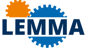 Schriftzug LEMMA mit zwei stilisierten, farbigen Zahnrädern