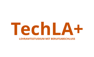 Schriftzug TechLA+ mit orange-farbener Schrift auf weißem Grund
