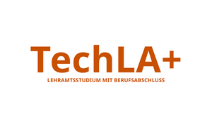 Schriftzug TechLA+ mit orange-farbener Schrift auf weißem Grund