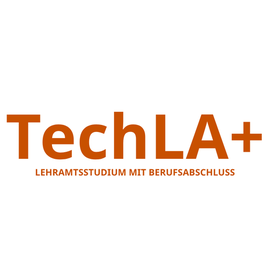 Schriftzug TechLA+ mit orange-farbener Schrift auf weißem Grund