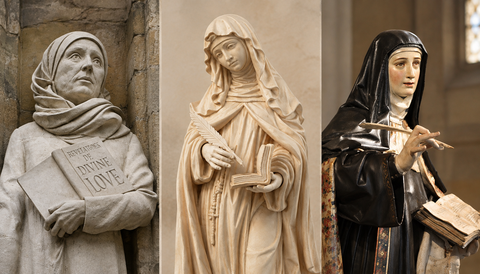 Dreiteilige Abbildung mit Statuen von Juliana von Norwich (links), Gertrud von Helfta (Mitte) und Teresa von Ávila (rechts), jeweils mit einem Buch und einer Schreibfeder dargestellt.