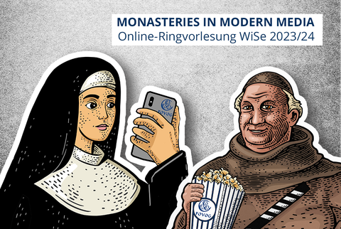 Veranstaltungsankündigung Ringvorlesung Monasteries in Modern Media Teil 2. Online-Ringvorlesung im WiSe 2023/24. Zu sehen ist eine Nonne mit einem Smartphone, auf welchem das Logo der FOVOG abgebildet ist sowie ein Mönch mit einer Tüte Popcorn und einer Synchronklappe. 