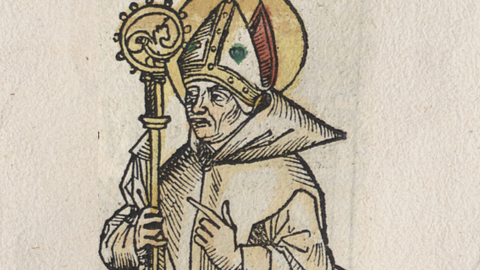 Der Bischof Hugo von Grenoble steht zentral im Bild und hält einen Stab in der Hand.