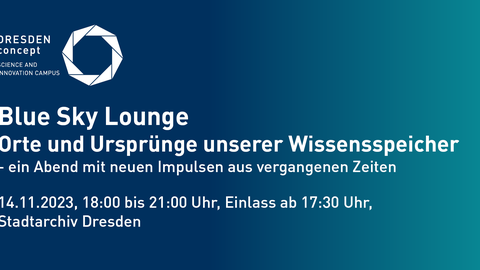 Oben links das Dresden-concept-Logo. Darunter der Schriftzug: Blue Sky Lounge. Orte und Ursprünge unserer Wissensspeicher – ein Abend mit neuen Impulsen aus vergangenen Zeiten. 14.11.2023, 18:00 bis 21:00 Uhr, Einlass ab 17:30 Uhr, Stadtarchiv Dresden