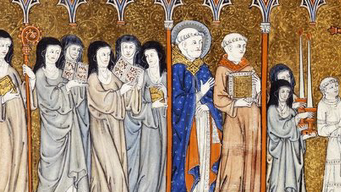 A procession is led by a clerk carrying a processional cross, followed by a priest, and nuns, two with open books, and the abbess with book and crozier.