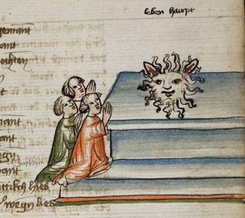"Sprechendes Haupt", das von antiken Heiden angebetet wird, Meister Enikels Weltchronik, Handschrift um 1420, Universitätsbibliothek Heidelberg, fol. 169r.