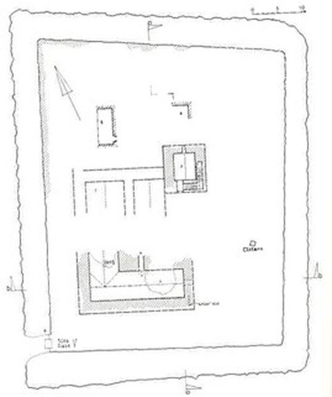 Baulichkeiten nach den Grabungsbefunden von 1988. Nach Pringle, Secular Buildings, S. 78, aufgrund von M. Pease, BSA.