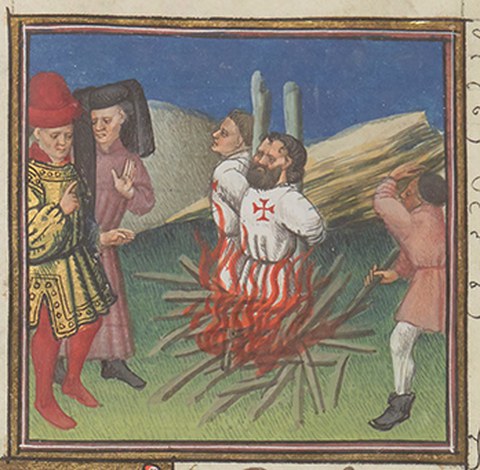 Hinrichtung Jacques de Molays und eines weiteren Templers, Des Cas des nobles hommes et femmes de Jehan Bocace, übers. durch Laurens de Premierfait, Bibliothèque Nationale, MS fr. 229, fol. 383r.