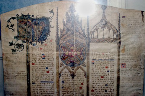 Kopfteil der Charta. Das gesamte Dokument, einschließlich der "Unterschriften" ist codiert in der sogannten "Templergeheimschrift"