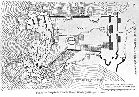 Die Zeichnung zeigt einen Grundriss der Burg, welche sich auf einer Erhebung zu befinden sein scheint.