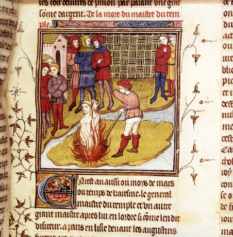 Hinrichtung Jacques de Molays und Godefroy de Charnys auf der Seine-Insel, Chronik von Saint-Denis, letztes Viertel 13. Jahrhundert, British Library BL Royal 20 C VII, fol 48 recto.