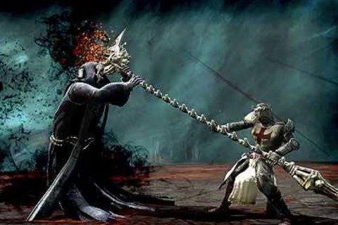 Eine düstere Action-Szene aus einem Videospiel, in der ein Krieger mit einem roten Kreuz auf der Rüstung (Dante) mit einer langen, knöchernen Sense gegen eine riesige, dunkel verhüllte Sensenmann-Gestalt (den Tod) kämpft.