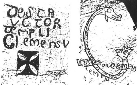 Graffiti aus dem Verließ von Domme, mit Flüchen gegen den Papst als "Zerstörer des Tempels". Die angeblich von Tonnellier gefundenen Inschriften, sind NICHT nachweisbar.