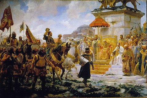 Einzug von Roger de Flor an der Spitze seiner Söldner in Konstantinopel, Gemälde von José Moreno Carbonero, 1888, Madrid, Senado de España