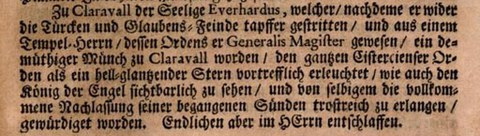 Eintrag am 15. 11. für Evrard des Barres, Chrysostomus Henriquez: Menologium Cisterciense. Oder Kurtz begrieffene Lebens-Verfassung Derer Heiligen und Seeligen ... Ordens-Personen des Heil Cistercienser Ordens ... Nach jetzt gebräuchlicher Redens-Art in das Teutsche übersetzet von P. Theobaldo Zelbacher, 1731, S. 221.