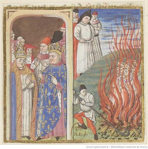 König Philipp IV. diskutiert mit dem Papst / Hinrichtung von Templern, Miniatur aus den Grandes Chroniques de France, um 1460