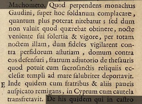 Bericht über Gaudins Rückzug mit dem „Schatz“ und den Reliquien des Ordens, „Excidium Acconis“ nach Martène.