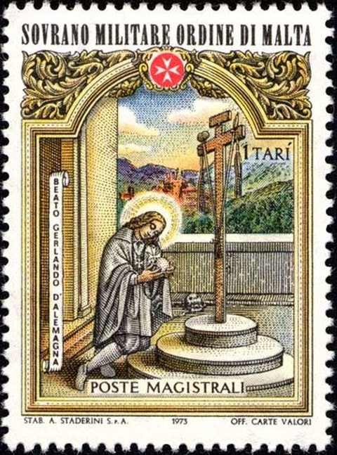 Briefmarke des Malteserordens 1973 mit dem Bild des Heiligen nach der Abbildung in den Acta Sanctorum.