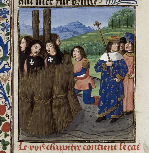 Hinrichtung von Templern (in den Ordensfarben der Johanniter) im Beisein König Philipps IV., französ. Übersetzung durch Laurent de Premierfait „Des Cas des nobles hommes et femmes“ von Boccaccios „De casibus“, um 1480, British Library, Royal 14, E V, fol. 492verso.