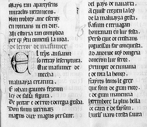 Vita des Hl. Honorat, Paris, BNF-Suppl.Franc. 784 fol-2r, 14. Jhd.: In der Spalte links neben der Initiale ist von "mafumet de mecha" zu lesen, rechts bei der Zeigehand von den fiktiven Göttern "bafum e tervagan" 