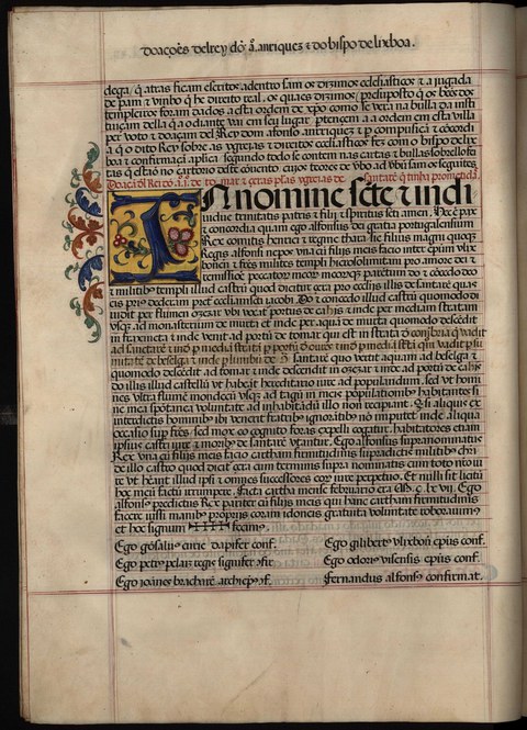 Kopie der Urkunde über den Vergleich mit dem Bischof von Lissabon und dessen Bestätigung durch Papst Hadrian IV, Cartular des Christus-Ritterordens mit Kopien älterer Urkunden (16. Jhd.), fol. 12v u. 13r. © Arquivos Nacionais Torre do Tombo, Ordem de Cristo, liv. 232