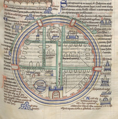 "Stadtplan" von Jerusalem mit dem Templum Domini (rundes Symbol oben), rechts daneben dem Templum Salomonis und in der unteren Hälfte (rundes Symbol) der Grabeskirche. Aus: Lambert von St. Omer, Liber Floridus Paris, Bib. Nat. MS lat. 8865, fol. 133r