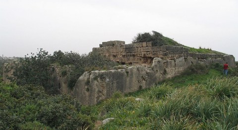 Auf dem Bild ist eine begrüntde Ruine zu sehen. Am rechten Rand scheint ein Mann in einem roten T-Shirt diese zu betrachten.
