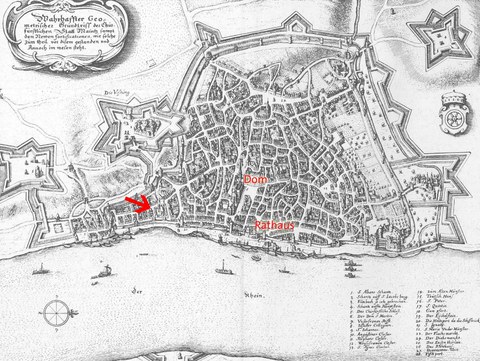 stadtplan von Mainz um 1655 mit Makierung der Templerkomturei.