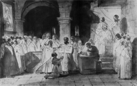 Die Aufnahme Jacques de Molays in den Orden, wie sie sich F. M. Granet um 1840 vorstellte (Skizze)