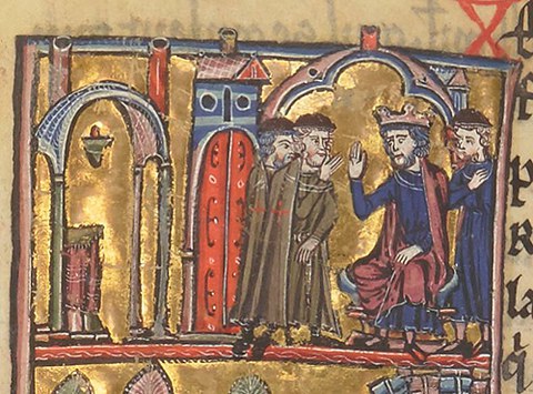 Hugues de Payens und ein Gefährte vor König Baudoin II. Miniatur aus einer Handschrift der "Historia rerum in partibus transmarinis gestarum" des Wilhelm von Tyrus, 13. Jh. Paris, Bib. Nat., MS fr. 9081, fol. 132