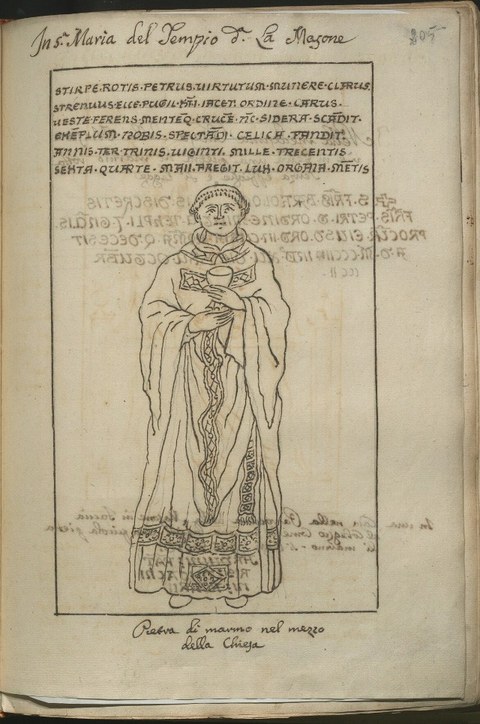 Grabplatte von Petrus de Rotis in S. Maria del Tempio in Bologna, Umzeichnung des 18. Jahrhunderts, Original verloren. 