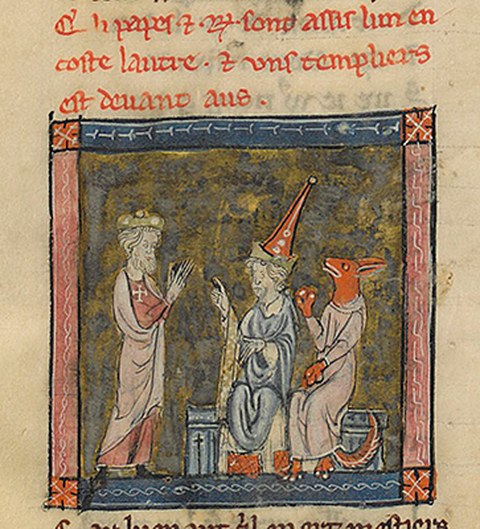Templer - im Johannitergewand, rot mit weißem Kreuz - vor Renart und dem Papst