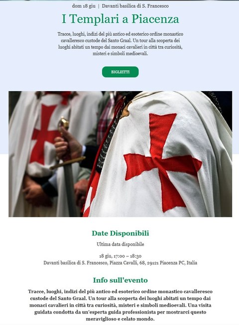 Screenshot des Emilia-Romagna-Intour-Events, Juni 2023, aufgerufen, 13.6.2023, der mit den Spuren der „Templer-Gralswächter“ in Piacenza wirbt.