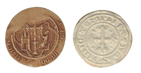 Siegel der Komturei Paris (Abdruck), 1290. Avers mit Kreuz(reliquie?), dem Donjon und einer beten-den Figur, Gegensiegel (Revers) mit Kreuz(reliquie?), Sc/D/9915)