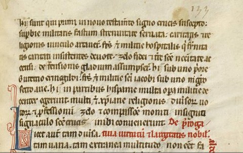 Hier wird eine Handschrift aufgezeigt, die in schwarzer und zu geringen Teil in roter Farbe geschrieben wurde.