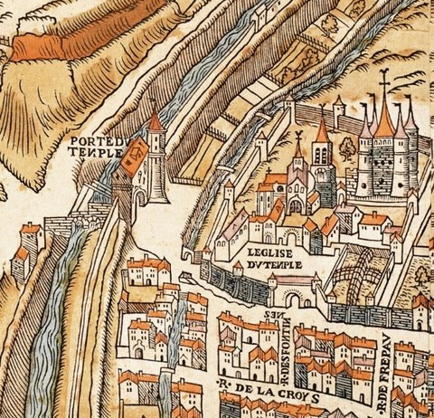 Stadttor, Kirche und Donjon des Temple in Paris, Stadtplan von Truschet/Hoyau (Detail).