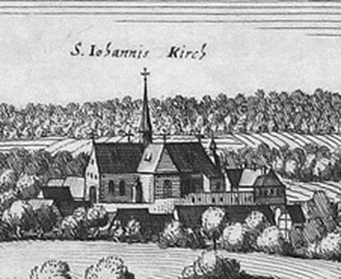 Der Aussschnitt einer Illustration nach Merians Topographia zeigt eine Kirche mit Burganlage.