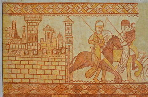 Templer ziehen in den Kampf, Fresko in Cressac, 12. Jahrhundert.