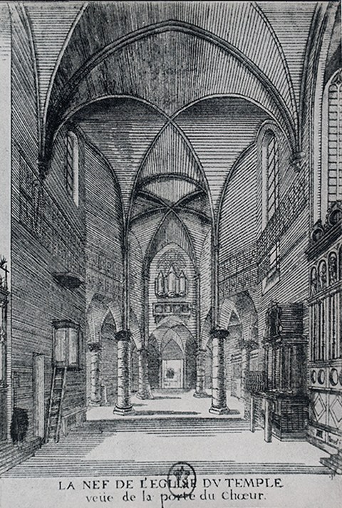 Templer-Bezirk in Paris im 18. Jahrhundert (Kirche mittig, Donjon rechts), Modell von 1783 im Musée du Carnavalet
