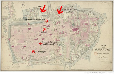 Stadtplan von Troyes, 1817. Die Kathedrale ist das prominente Gebäude rechts in der Mitte. Originaldatei: Paris, Bibliothèque National