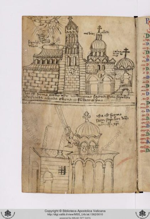 Grabeskirche und Ädikula in einer Handschrift aus dem 14. Jahrhundert des "Liber artis architectonicae" des Marcus Cetius Faventinus (Codex Urbinate Latino 1362.