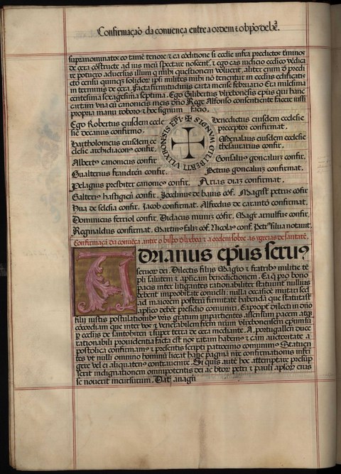 Kopie der Urkunde über den Vergleich mit dem Bischof von Lissabon und dessen Bestätigung durch Papst Hadrian IV, Cartular des Christus-Ritterordens mit Kopien älterer Urkunden (16. Jhd.), fol. 12v u. 13r. © Arquivos Nacionais Torre do Tombo, Ordem de Cristo, liv. 232