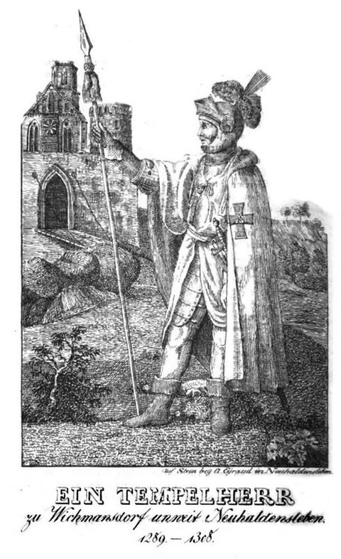Darstellung eines Templers vor der Komturei in Form einer Burg mit Zugbrücke, Behrends Neuhaldenslebischer Kreis-Chronik, 1824