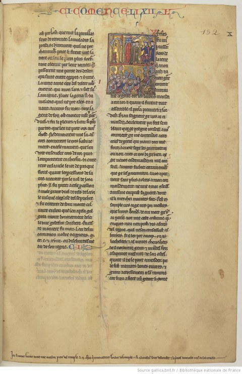 Hugues de Payens und ein Gefährte vor König Baudoin II. Miniatur aus einer Handschrift der "Historia rerum in partibus transmarinis gestarum" des Wilhelm von Tyrus, 13. Jh. Paris, Bib. Nat., MS fr. 9081, fol. 132