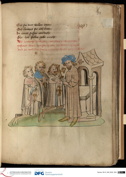 Auf einer Abbildung innerhalb einer Handschrift nimmt Wilhelm das Kreuz, während vor ihm drei Personen niederknien.