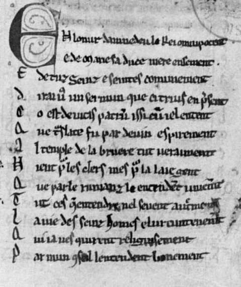 "Zur Ehre des Herrn des Allmächtigen, Maria seiner lieben Mutter, und allen Heiligen", Anfang der französischen "Vitae Patrum von Henri d'Arcis, der in Zeilen 6-8 als Mitglied der Niederlassung von Temple Bruer vorgestellt wird